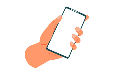 Hands holding phone. Smartphone in arms. Blank device screen. Isolated