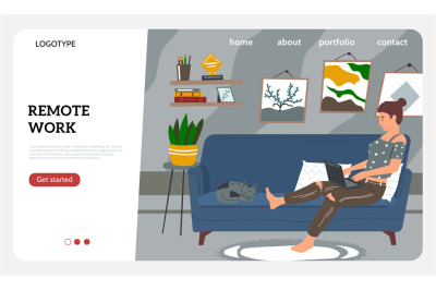 Freelance landing page. Cartoon woman in casual clothes with laptop wo