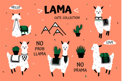 Cartoon lama. Cute white alpaca and cactus clipart for kids birthday g