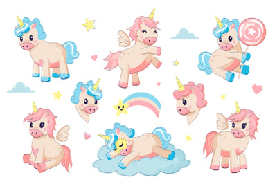 Cartoon unicorns. Fairy tale little animals in sky&2C; play and sleep on