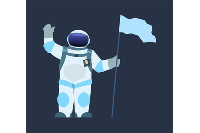 Astronaut with flag. Cartoon spaceman waving hand and holding pennant.