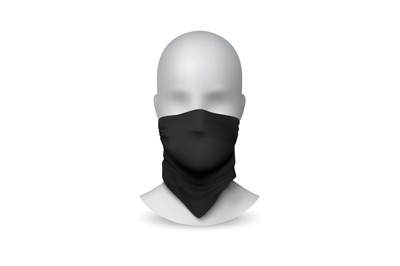 Black buff on white mannequin. Realistic textile scarf for face protec