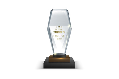 Crystal glass trophy. Realistic award. 3D transparent prize with golde