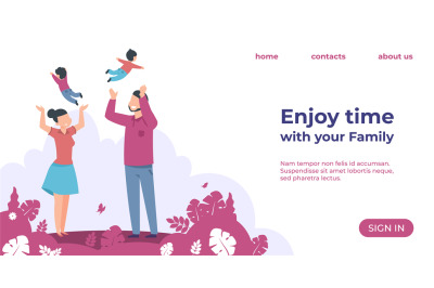 Enjoy time with family landing page. Website interface design. Cartoon