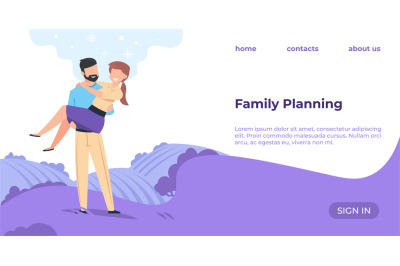 Family planning landing page. Cartoon happy couple&2C; husband holding wi