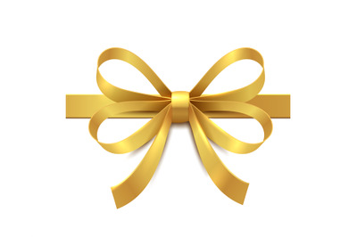 Golden bow with ribbon. Realistic gift box decoration, satin or silk l