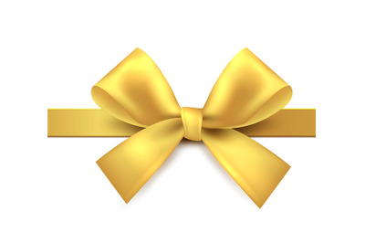 Golden bow. Gold gift decoration element, realistic satin or silk luxu