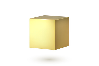 Golden cube. Realistic 3d square shape. Golden box. Smooth surface wit