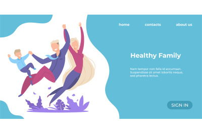 Healthy family landing page. Happy parents and child. Professional con