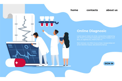 Online diagnostic landing page. Medical tests and analyzes. Cartoon do