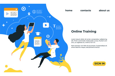 Online training landing page. Web service with video courses. Educatio