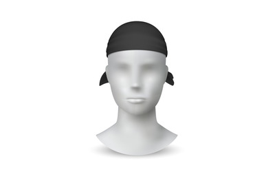 Realistic black bandana. Textile headwear on 3D white minimalistic man