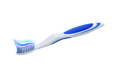 Toothpaste on toothbrush. Realistic 3D equipment for hygiene. Plastic