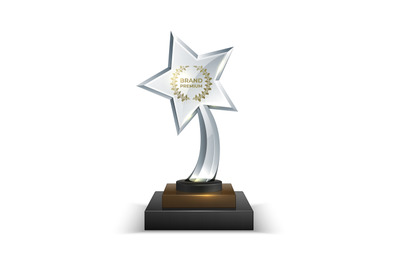 Trophies. Realistic glass award with text. 3D star shaped prize with g