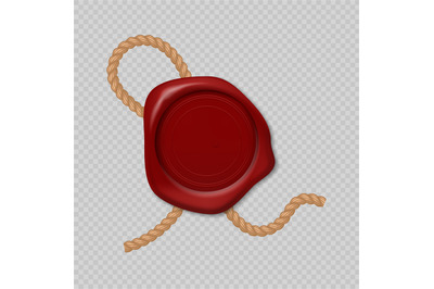 Wax stamp. Realistic red seal with rope on transparent background. 3D