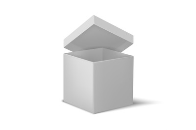 White open box. Realistic cardboard cube&2C; 3D empty container with lid