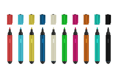 Colorful markers. Realistic highlighters. 3D felt pens and removed cap