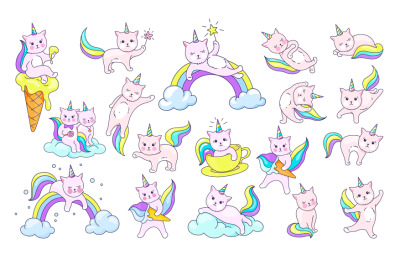 Cute unicorn kitty. Cartoon cats with rainbow tails and horns. Pets on