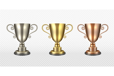 Gold silver and bronze trophy cup. Realistic champion awards, first, s