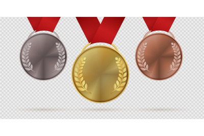 Gold silver and bronze trophy medals. First, second, third place reali