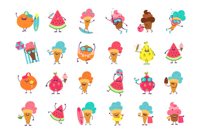 Ice cream funny stickers. Cartoon food mascot with anthropomorphic fac