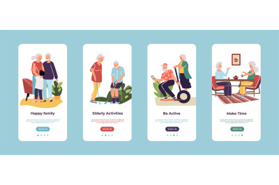 Mobile application for old people. Senior men and women play sport gam