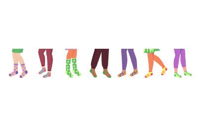 Pairs of legs in socks. Cartoon male and female underwear. Colorful fo