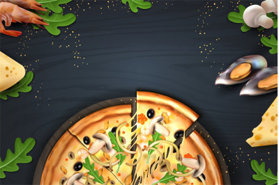 Pizza. Realistic poster with Italian food and ingredients for cooking.