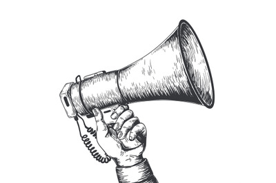 Retro hand drawn megaphone. Realistic sketch of loudspeaker. Man holdi