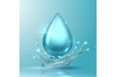 Water drop. Realistic aqua splash, 3D drop with spray from falling. Gl