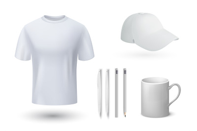 Souvenirs mockup. Realistic t-shirt and cap&2C; mug and pens. 3D blank te