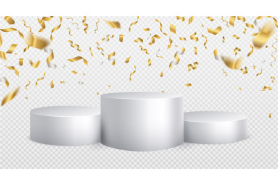 Winner podium golden confetti background. White cylinder podium realis