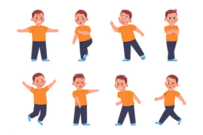 Boy expressions. Cartoon little kid character laughing and crying, chi