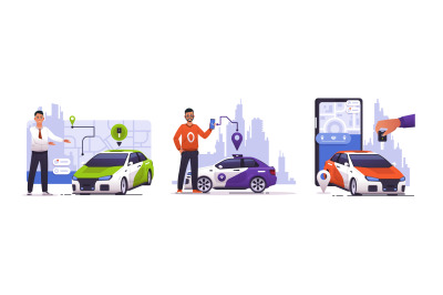 Car sharing. Cartoon men with vehicle. Mobile application and navigati