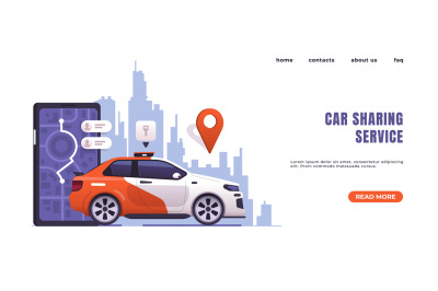 Car sharing landing page. Website interface with text and buttons. Cit