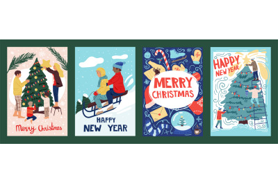 Christmas greeting cards. Winter holidays banners. People decorate fir