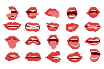 Cartoon mouth. Female red opened and closed lips. Isolated parts of hu