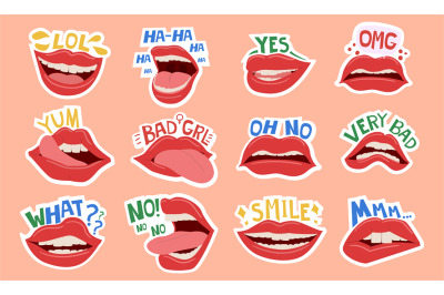 Girl lips stickers. Realistic mouth opened or half-closed&2C; white teeth