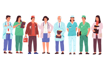 Cartoon doctors. Medical workers in uniforms&2C; nurses and hospital empl