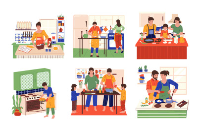 Cooking scenes. Cartoon people preparing food and eating in kitchen. F