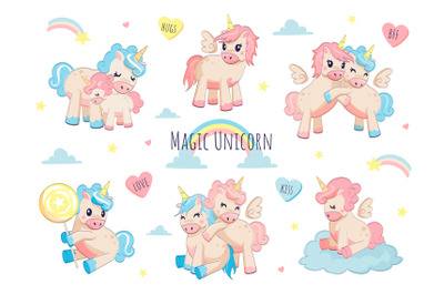 Cute unicorn. Adorable character for kids birthday card&2C; cartoon baby