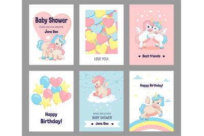 Greeting cards with unicorns. Funny postcards with wish phrases and in