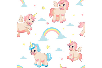 Unicorn pattern. Seamless texture with fairy tale animals and clouds o