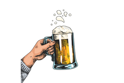 Hands with beer mugs. Colorful drawn poster with pub glass. Human hold