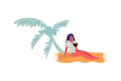 People at beach. Cartoon woman lie on sand under palm tree. Female in