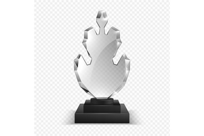 Transparent trophies. Realistic glass crystal awards, 3D winner cup on