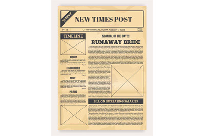 Vintage newspaper. Old realistic pages with headers and place for pict