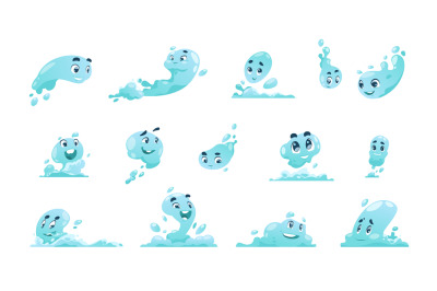 Water mascot. Cartoon liquid splash with anthropomorphic faces. Blue f