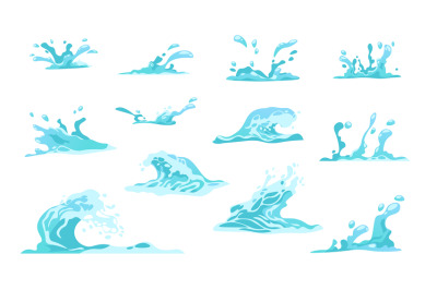 Cartoon water splash. Flowing wave&2C; drop or crown and falling spray ef