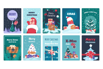 Christmas greeting cards. Winter holiday postcards. Collection of Xmas